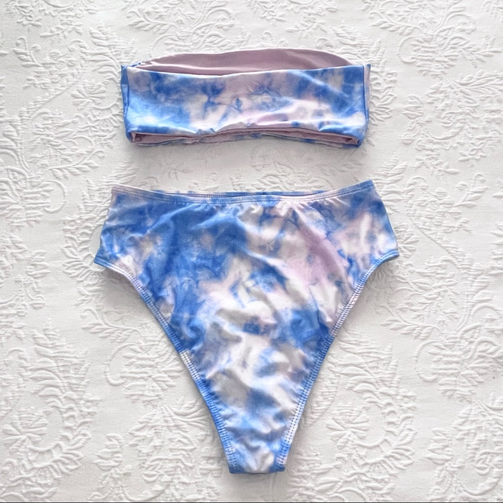 NWOT Lulus Set for Vacay Blue Multi Tie-Dye Bandeau High Waisted Bikini Set - Picture 8 of 13